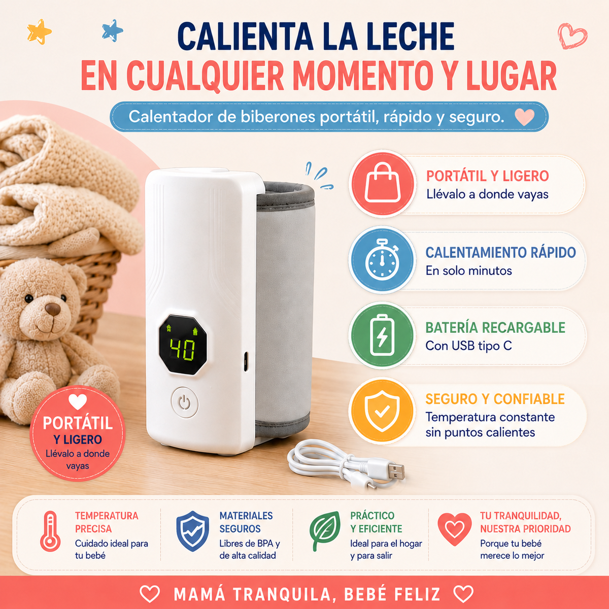 NutriWarm™ – Temperatura Perfecta para tu Bebé, Portátil
